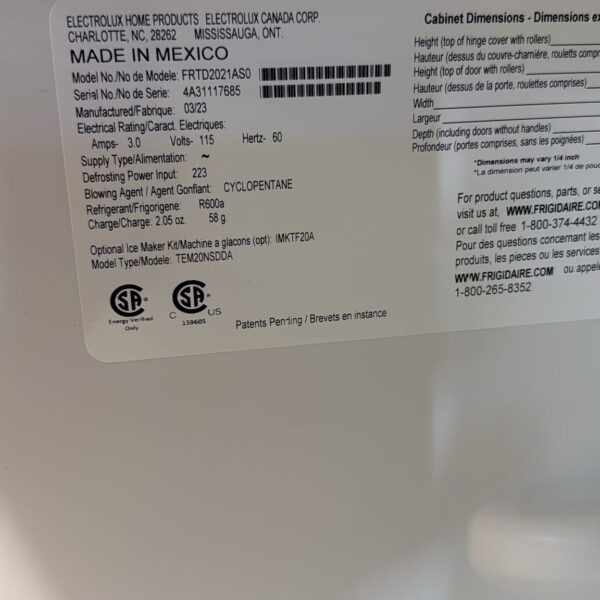 Frigidaire Used Top Freezer Refrigerator - Image 3