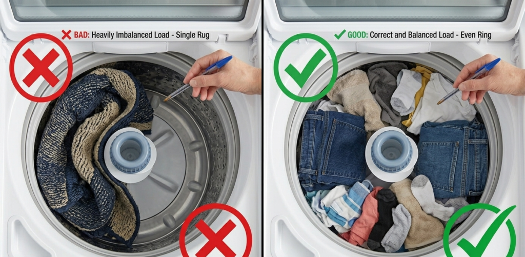 Overhead view of a washing machine drum comparing an unbalanced laundry load versus an evenly distributed load.