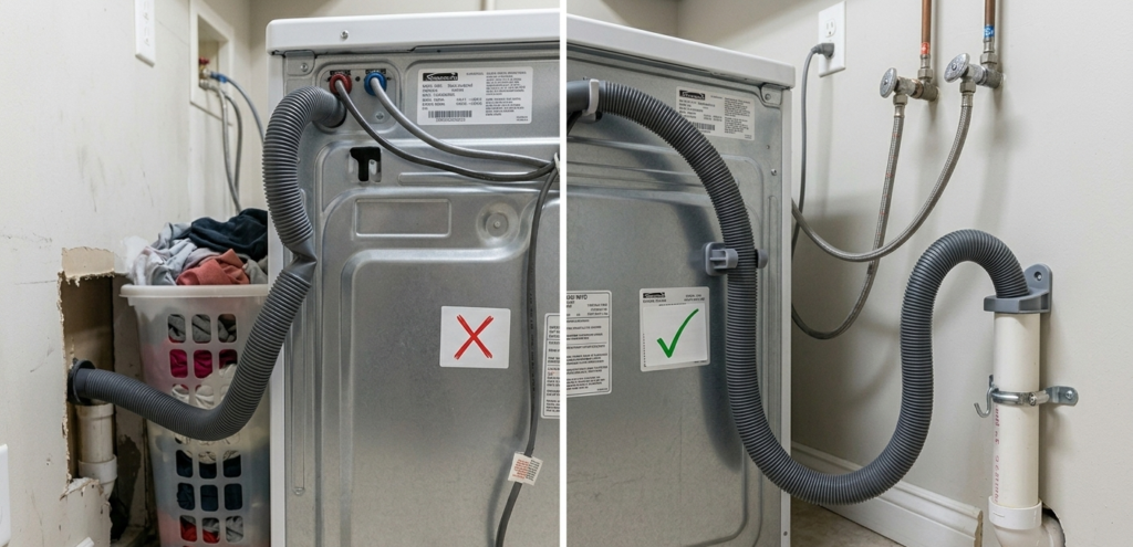 Common washing machine drainage issues: A comparison showing a kinked plastic drain hose restricting water flow versus a correctly installed hose with a smooth curve.