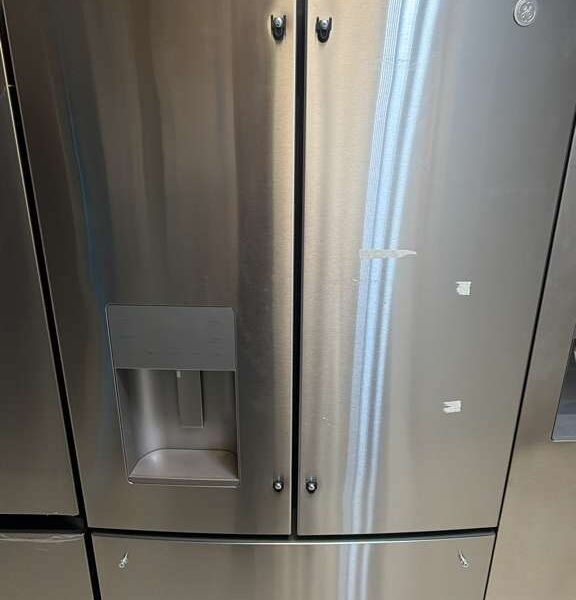 Used GE GFE26JYMYFFS French door refrigerator in stainless steel on display at our Ashland, VA showroom.
