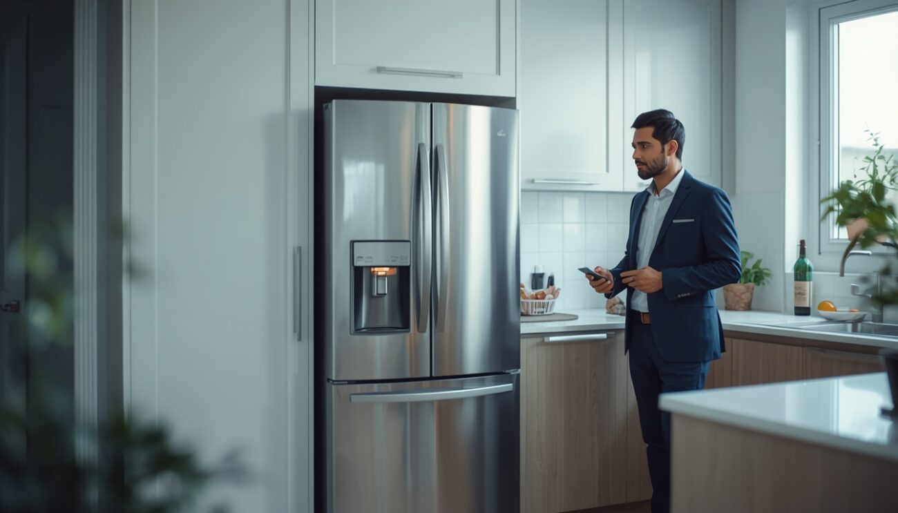 A well-dressed man stands in a bright kitchen looking at a smartphone next to a stainless steel refrigerator.